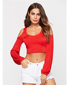 Cold Shoulder Long Sleeve Sexy Red Crop Top