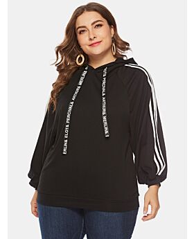 Plus Size Letter Stripe Sleeve Hooded Sweatshirt 
