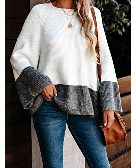 Flare Sleeve Color Blocking Ribbed Textured Sweater