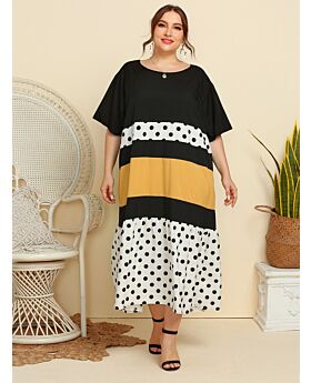 Plus Size Colorblocking  Polka Dot Dress