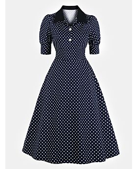 Puff Sleeve Polka Dot Button Decor Dress