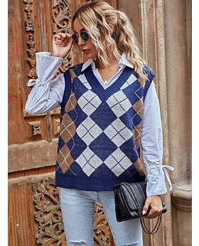 Colorblock Geometric Pattern Knit Vest Sweater