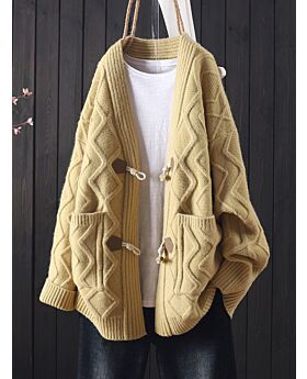 Solid Color Horn Button Women Knit Cardigan