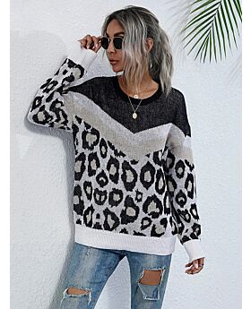 Drop Sleeve Hit-color Leopard Knitted Pullover