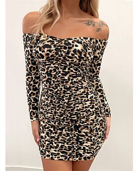 Off Shoulder Shirred Leopard Bodycon Dress