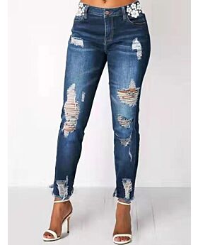 Fringe Hem Lace Stitching Ripped Jeans