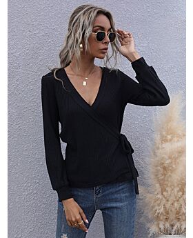 V Collar Wrapped Ribbed Knit Tee
