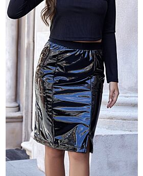 Glossy Pu Leather Split A-line Skirt