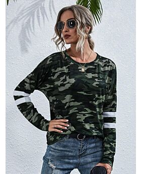Clearance Sale Round Collar Stripe Patchwork Camo T-shirt 201113719 (No Return or Exchange)