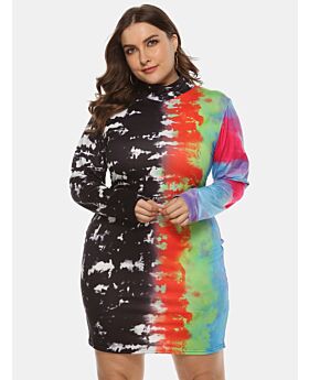 Plus Size Mock Nekc Tie-dye Graffiti Tee Dress