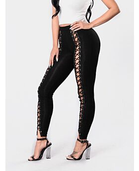 Solid Color Eyelet Lace-up Skinny Pants
