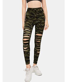 Camo Print Ripped Cropped Pencil Pants