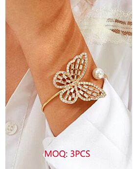 Rhinestone Butterfly Pearls Decor Open Bangle Bracelet