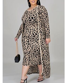 Plus Size Leopard Tank Dress Matching Overcoat Set