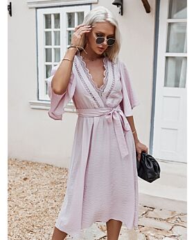 Bell Sleeve Lace Scalloped Tie-up Dress