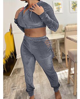 2-pieces Velvet Sweatsuit Ruched Sleeve Cropped Hoodie + Crisscross Jogger Pants