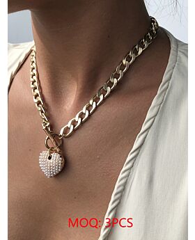 Faux Pearls Trim Heart Pendant Chain Necklace
