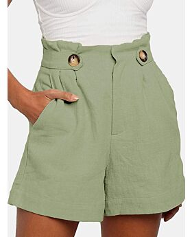 Solid Color Button Decor Pleated Linen Shorts