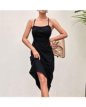 Sexy Sling Backless Dress Side Ruched Solid Color Midi Wholesale Dresses SDN561268