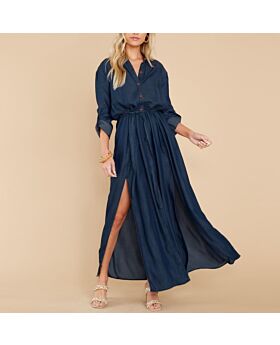 Fashion Long Sleeve Tie-Up Slit Denim Shirtdress Wholesale Maxi Dresses SDN536035