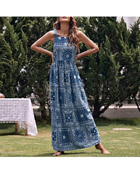 Fashion Print High Waist Lace-Up Slip Dress Wholesale Maxi Dresses SDN536217