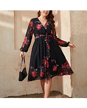 Rose Print Long Sleeve Tie-Up Swing Curve Dresses Wholesale Plus Size Clothing In Black