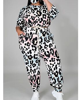 Plus Size Leopard Print Drawstring Top And Pants Set
