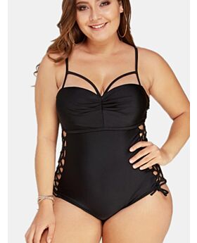 Plus Size Lace-up Black Suspender Swimsuit