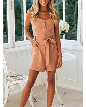 Rolled Hem Button Down Belted Tank Romper