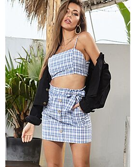 Two Pieces Plaid Camisole Matching Belted Skirt Set