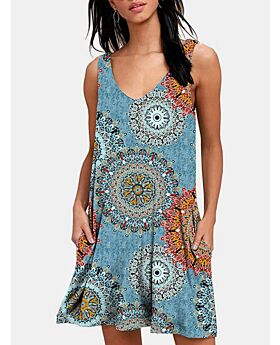 Sleeveless Aztec Print Pocket Dress