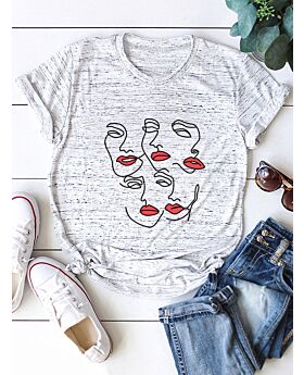 O-neck Human Face Print Tee Shirt