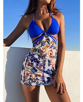 3 Pieces Floral Print Bikini Swimsuit With Cover-up Set