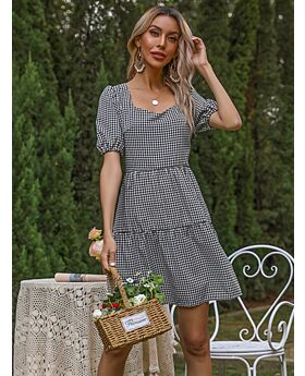 Sweetheart Collar Tie Back Houndstooth Dress