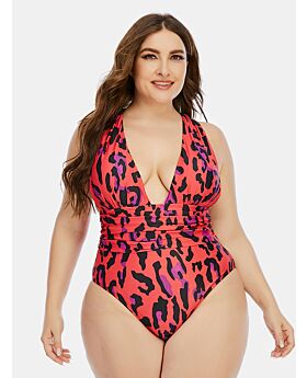 wholesale plus size clothing vendors Deep V-neck Leopard Print Halter One Piece Swimsuit