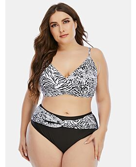 Plus Size Zebra Leopard Patchwork Two-piece Swimsuit 