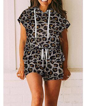Two Pieces Leopard Print Hooded Top & Pocket Shorts Set