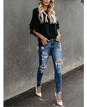 Tiered Layered Ruffle Sleeve Solid Blouse