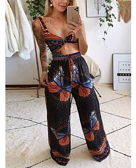 Two Pieces Butterfly Print Colorblock Set Knotted Camisole And Pants