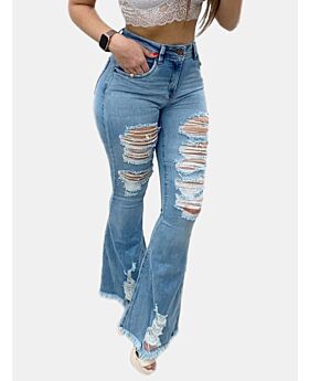 Raw Hem Ripped Elastic Denim Flared Jeans