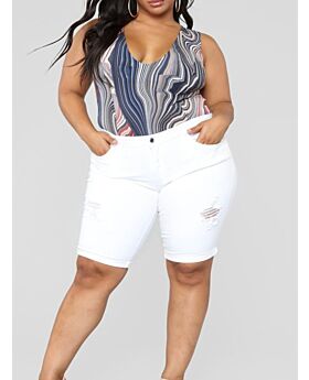 Wholesale Plus Size Clothing Cuffed Hem Ripped White Jean Shorts
