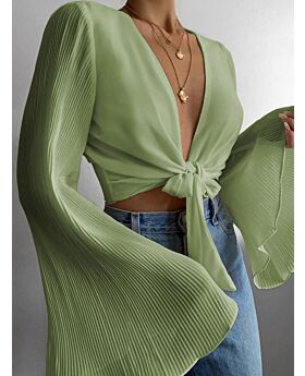 Pure Color Bell Sleeve Frill Detail Front Knot Blouse