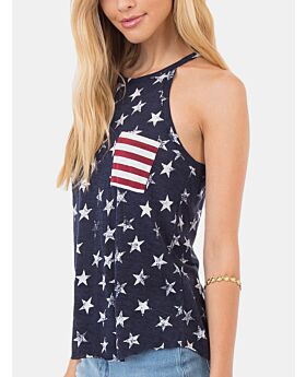 Independence Day Star Print Back Cutout Bowknot Decor Tank Top