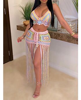 Two Pieces Colorblock Crochet Beachwear Set Camisole + Tassel Skirt Cover Up