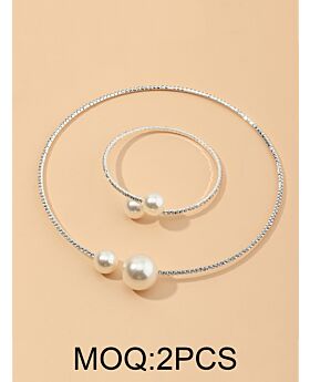 Pearl Diamond Open Necklace Bracelet Set