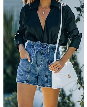 Clearance Sale High Waist Front Lace-up Pockets Denim Shorts 210421826 (No Return or Exchange)