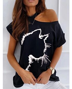 Cold Shoulder Cat Pattern Printed Short Sleeve T-shirt