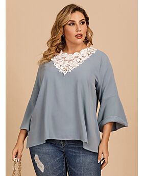 Plus Size Flared Sleeve Lace Stitching Blouse