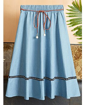 Elastic Waist Lace-up Colorblock Denim Swing Skirt