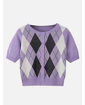 Color-blocking Single-breasted Geometric Pattern Ribbed Knitted Top